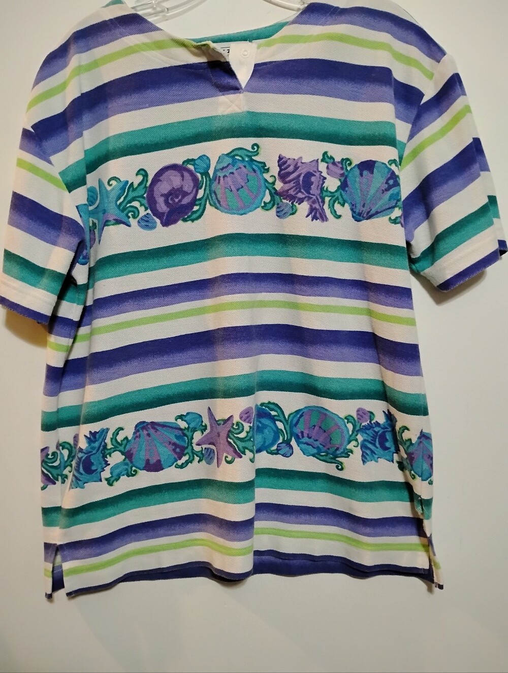 Jantzen Striped Short Sleeve Top in Green, Blue & Purple with Seashell Motif M